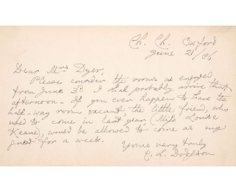Dodgson (Charles Lutwidge, 'Lewis Carroll', 1832-1898). Autograph letter signed, 'C.L. Dodgson', Christ Church, Oxford, 21 Ju
