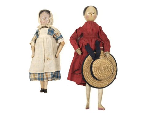 * Peg Dolls. A Victorian wooden peg doll, with painted hair, face and shoes, the lower limbs painted pale white, wearing a co