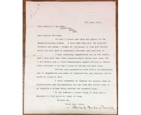 * Baden-Powell (Robert, 1857-1941). Founder of the Scout movement. Typed Letter Signed, 'Robert Baden-Powell', 116 Victoria S