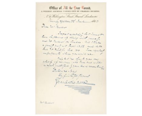 * Dickens (Charles, 1812-1870). English writer and social critic. Autograph Letter Signed, 'Charles Dickens', Office of All t