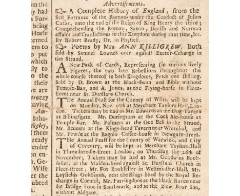 Playing cards. Advertisement for Monmouth Rebellion playing cards, The London Gazette, Numb. 2085, November 12 1685, single l