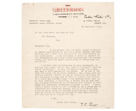 * Eliot (Thomas Stearns, 1888-1967). Poet, essayist, publisher, playwright, literary critic and editor. Typewritten Letter Si