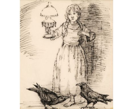 * Hughes (Shirley, 1927-). Both the Ravens Bowed Low, pen and ink, depicting Gerda holding a lamp aloft with two ravens at he