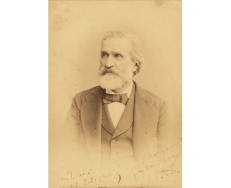 * Verdi (Giuseppe, 1813-1901). Italian composer. Signed cabinet card photograph, G. Ricordi &amp; Co., 1889, vignetted albume