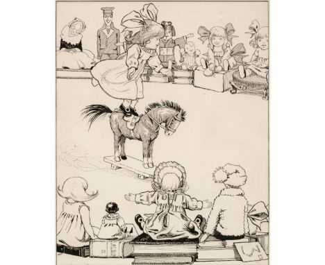 * Appleton (Honor. C. 1879-1951). Then She Stood First on Both Feet and Then on One, pen and ink, depicting dolls and toys sa