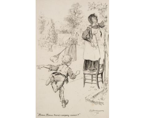 * Brock (Charles Edmund, 1870-1938). "Missus, Missus, There's Company Coomin'!", 1903, pen and ink, showing a scruffy young b