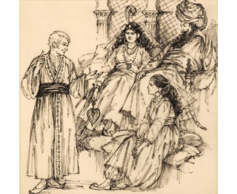 * Hughes (Shirley, 1927-). Will You Not Tell Us?, pen and ink, depicting a man and woman reclining above a lady sat on a cush