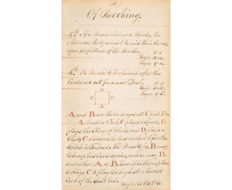 Manuscript. Rules for the game of whist, circa 1820s, 196 leaves, written throughout in a neat legible hand in sepia and red 