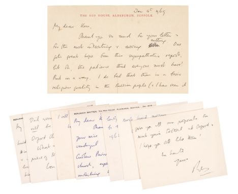 * Britten (Benjamin, 1913-1976). English composer. An important series of 8 Autograph Letters Signed, ‘Ben’, undated except o
