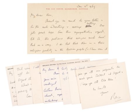 * Britten (Benjamin, 1913-1976). English composer. An important series of 8 Autograph Letters Signed, ‘Ben’, undated except o