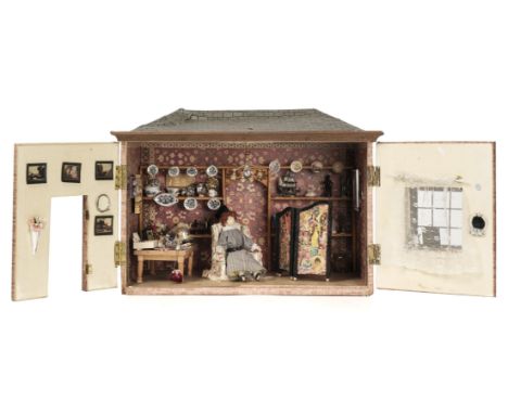 * Dolls' House. The Little Shop, circa 1960s, single storey wooden shop, covered in brick and slate tile paper (some damage t