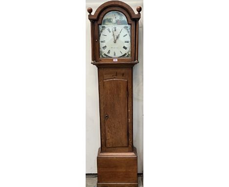 A 19th Century oak longcase clock of 30hr duration, the break-arch dial painted with ladies in a garden and landscapes to the