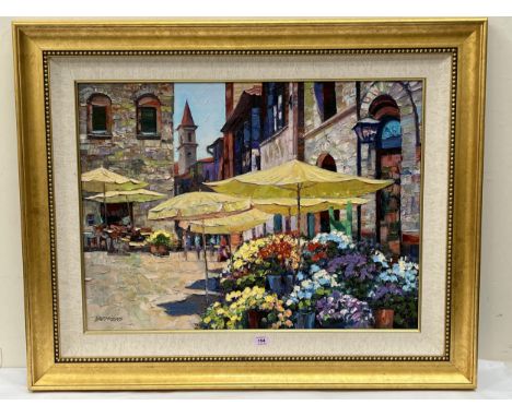 HOWARD BEHRENS. AMERICAN 1933-2014. Sienna Flower Market. Embellished giclee serigraph on canvas 24" x 32".