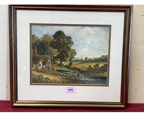 ENGLISH NAIVE SCHOOL. 20TH CENTURY. Landscape with cottage, distant church and figures. Signed M. Turner. Watercolour 8½" x 1