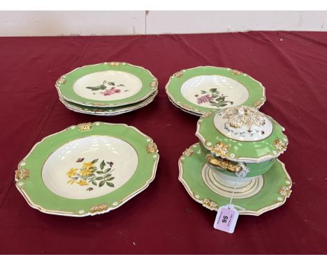 A Bloor Derby part dessert service of eight pieces finely painted with botanicals. The plates 10" diam., c.1820-1840. Loss to