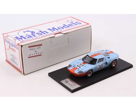 A Marsh Models 1/43 scale factory hand-built model of an MM249 M22 Ford GT40 1969 Gulf Sebring race car, as driven by Ickx/Ol