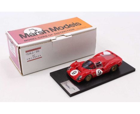 A Marsh Models Thundersport 1/43 scale kit built model of an MM194/B9 Ferrari P4 Spa 1967 race car, comprising red body with 