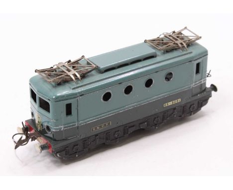 Circa 1957 French Hornby TBB first version Bo-Bo electric outline loco, light blue/green upper body, dark green lower body, r