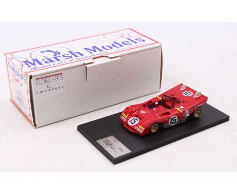 A Marsh Models factory hand built 1/43 scale model of an MM259MN15 Ferrari 312PB 1971 race car, comprising of red body with r