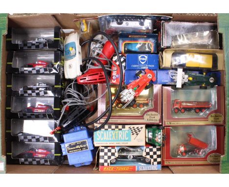One tray containing a quantity of mixed 1/43 scale diecast vehicles and Scalextric racing cars, to include a Scalextric C19 R