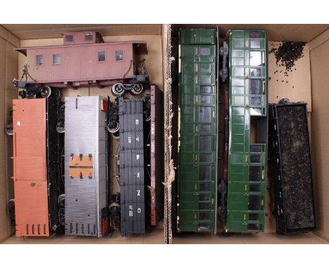 2 trays of Bachmann scratch built and Tenmille garden scale mainly American Outline passenger coaches and rolling stock to in