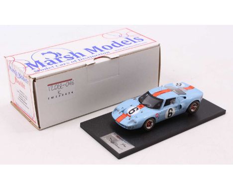 A Marsh Models 1/43 scale factory hand-built model of a Ford GT40 Watkins Glen 1968 race car, as driven by Hobbs/Hawkins, pla