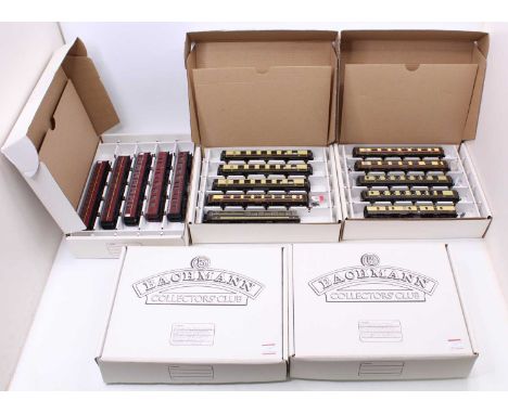 Five Bachmann Collectors’ Club storage boxes filled with 45 coaches by Hornby, &amp; Bachmann with fifteen goods vans by Bach