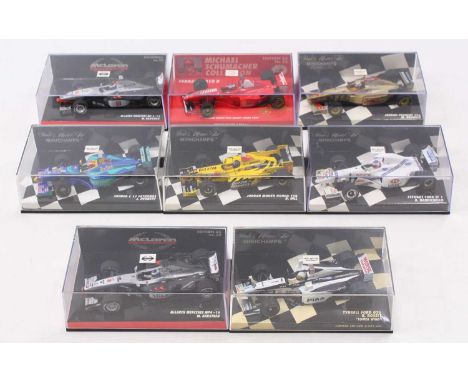 Nine Minichamps Formula F1 diecast models to include Honda 198 D Hill, Mclaren, Mercedes MP4-13 M Hakkinen, Jordan Peugeot 19