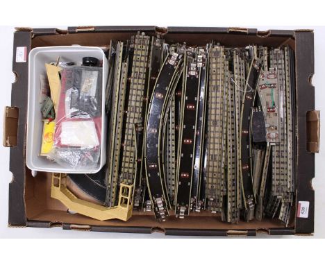 A large tray of Hornby-Dublo track and other items. Sufficient 3-rail track including points to make a substantial layout, co