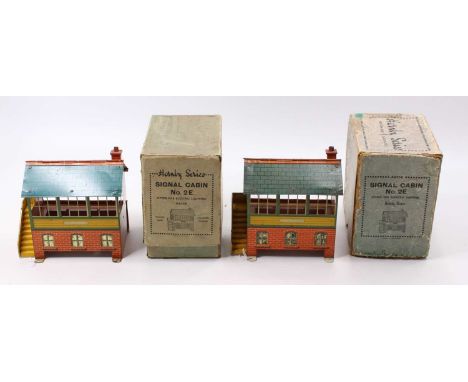 Two 1935-9 Hornby Signal Cabin No.2E blue square tiled roof, yellow steps, blank name panel, green &amp; yellow woodwork, eac