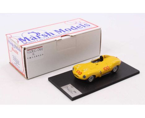 A Marsh Models 1/43 scale factory hand built model of a MM263M100 Jaguar D-Type race car, finished in yellow with racing No. 