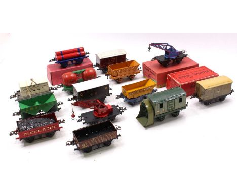 Large tray containing fourteen unboxed Hornby wagons, mix of pre &amp; post-war: LMS meat; green snowplough; LMS open with sh