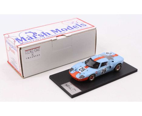 A Marsh Models 1/43 scale factory hand-built model of an MM252 M528 Ford GT40 1968 Gulf Sebring race car, comprising blue and