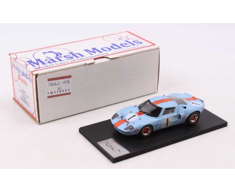 A Marsh Models 1/43 scale factory hand-built model of an MM249 M1 Ford GT40 Gulf 1969 Daytona race car, as driven by Ickx/Bia