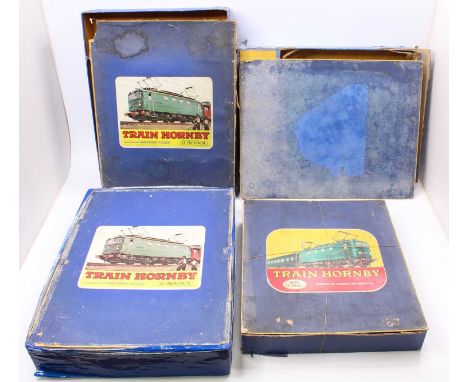 Four French Hornby empty 0-gauge set boxes, all in need of restoration: ‘OBBV Le Mistral’ base (BG) lid with illustration but