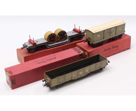Three Hornby bogie wagons: 1936-41 No.2 High Capacity wagon LMS coal, all wheels replacements (VG) (BP) missing all flaps one