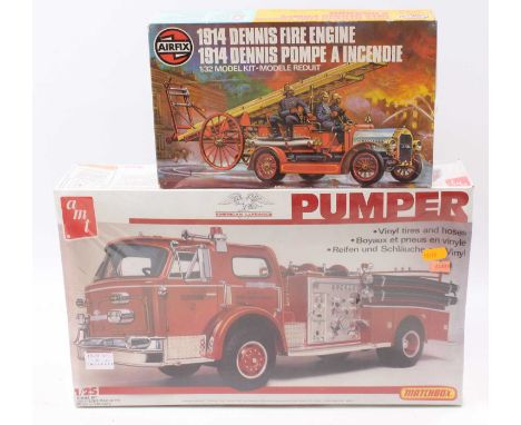 An AMT Matchbox 1/25 scale plastic kit for an American La France Fire Pumper, together with an Airfix Series 6 1914 Denis Fir