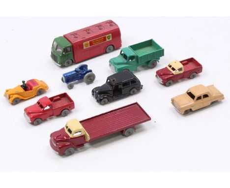 Six Dublo Dinky Toys, unboxed: Austin lorry, smooth grey wheels; Shell BP tanker with windows, grey treaded wheels; Morris Pi