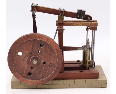 A very well engineered wooden and base metal model of a stationary beam engine, comprising of vertical 2.5" cylinder fitted w