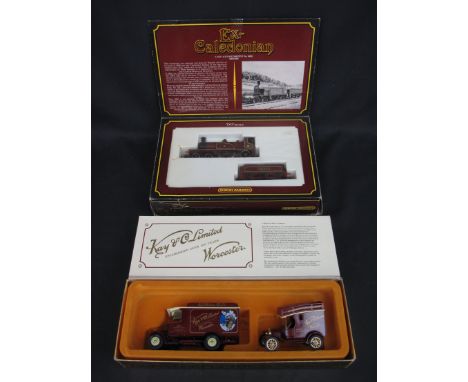 Hornby Railways oo gauge ex-caledonian R.763 LMS 4-2-2 no. 14010 locomotive in original box together with Corgi transport of 