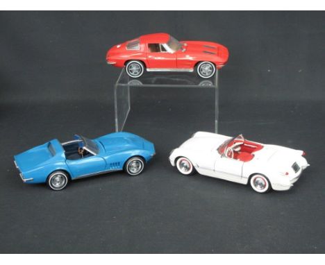 Three boxed Franklin mint authentic precision crafted 1:24 scale model replica cars to include 1953 Corvette, 1967 Corvette S