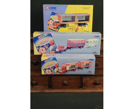 Three Corgi Classics Chipperfield's Circus diecast models to include 97889 AEC cage truck and trailer, 97885 Scammell highway
