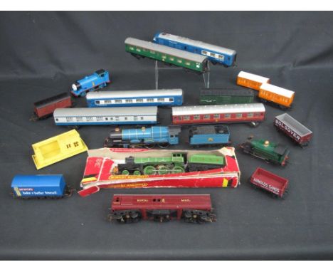 Large box of assorted mainly Hornby OO gauge scale model locomotives and accessories to include R.433 LMS coach, 57 composite