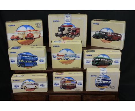 Nine Corgi Classic commercials boxed diecast models to include 97111 Bedford OB Meredith, 97209 Guy Arab bus Walsall, 97050 O