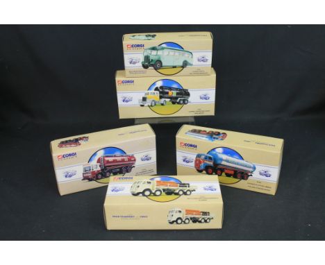 Five Corgi Classics Road Transport diecast models in original boxes to include 97942 ERF flatbed with chains/barrels/flowers,