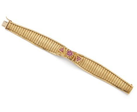 An Italian ruby set bracelet, with a central ruby set floral and spray motif, to a tapering Florentine finish bar link bracel