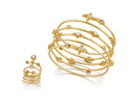 A diamond set sprung bangle and ring, the bangle of coiled wire form, with applied spaced brilliant-cut diamonds, brilliant-c