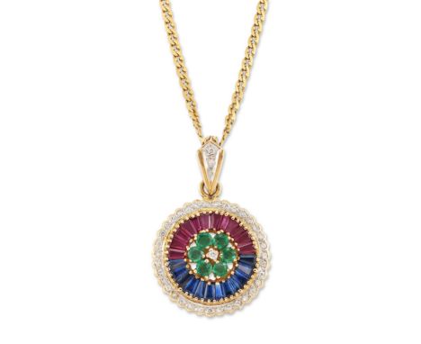 A diamond and gem pendant and neckchain, the pendant of target cluster design, with central brilliant-cut diamond within circ