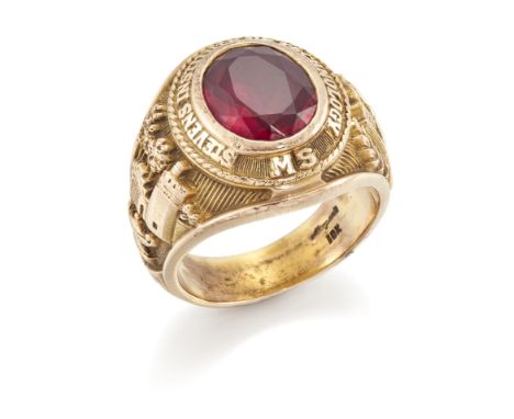 An American synthetic ruby college ring, with an oval mixed cut synthetic ruby with 'Stevens Institute of Technology MS' to t