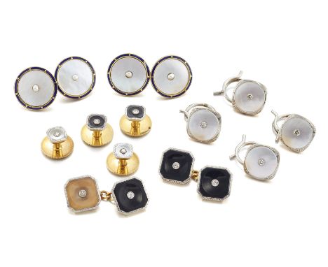 A group of cufflinks and studs, comprising: a pair of gold, half-pearl, mother-of-pearl and enamel cufflinks, stamped 9ct, la
